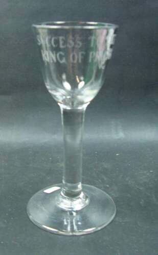 Rare plain stem wine glass engraved 'Success to the King of Prussia' English circa 1760