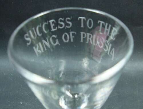 Rare plain stem wine glass engraved 'Success to the King of Prussia' English circa 1760