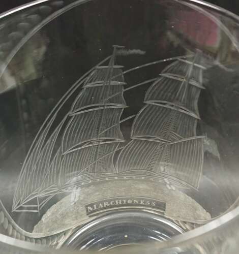 A crystal coin goblet engraved with a dedication and Sailing ship 'Marchioness 1853