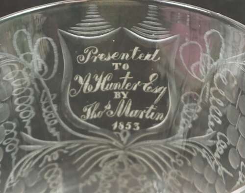 A crystal coin goblet engraved with a dedication and Sailing ship 'Marchioness 1853