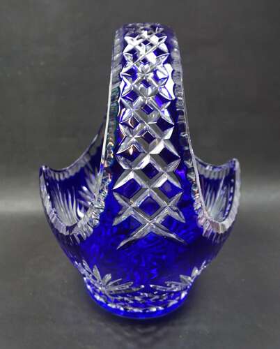 A blue over crystal glass basket vase, c.1930
